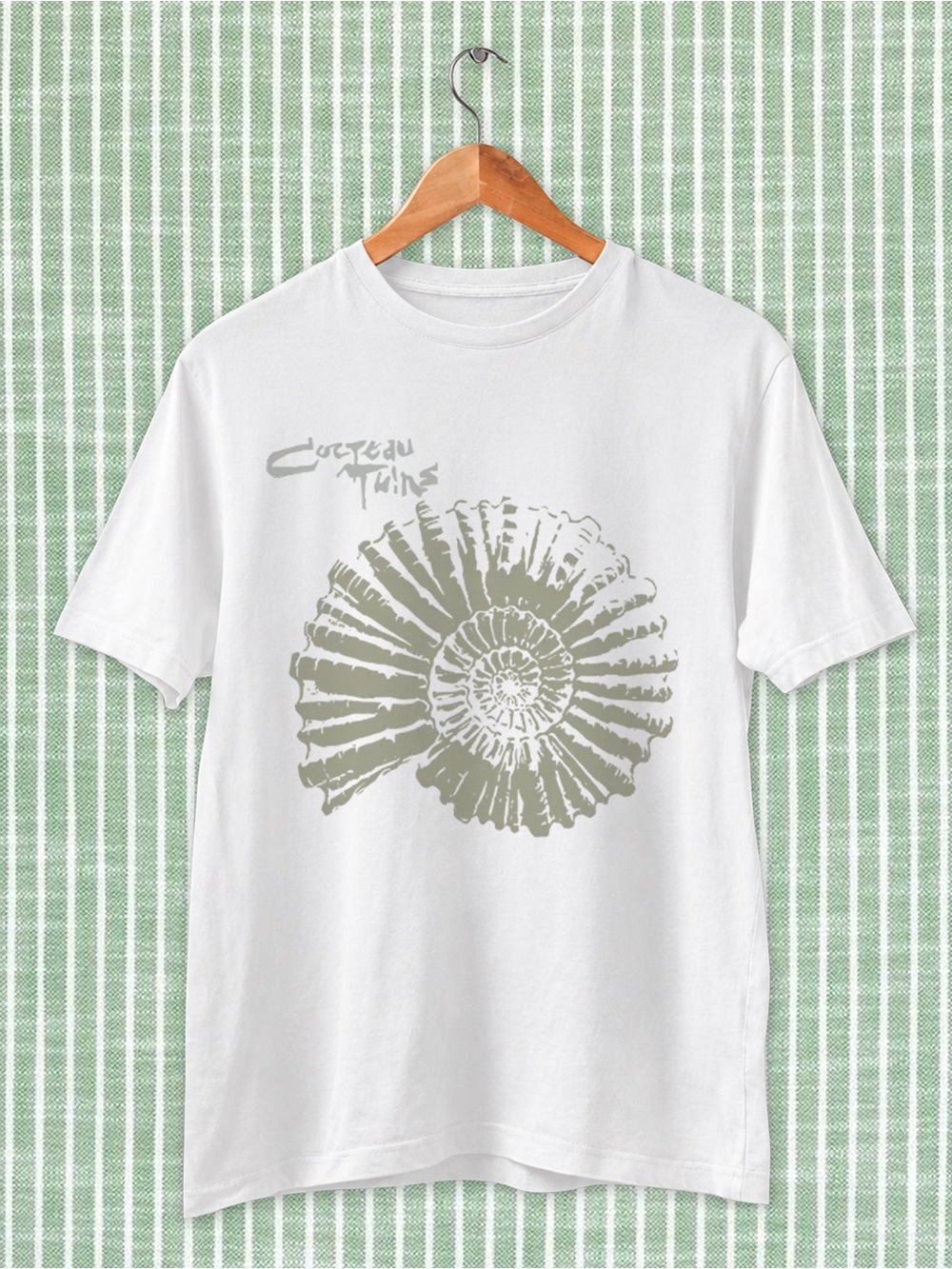 White Graphic T‑Shirt with Light Olive Shell Print